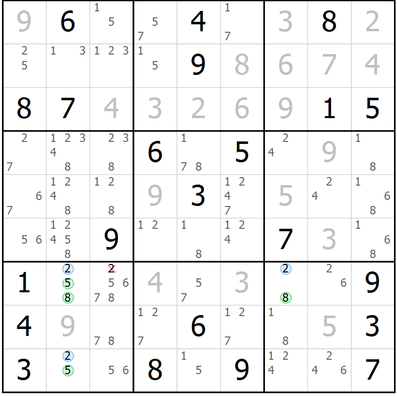 Position des candidats pour la solution de la Gr 22 page 25 du magazine de sudoku Sudoku Suprême n° 039