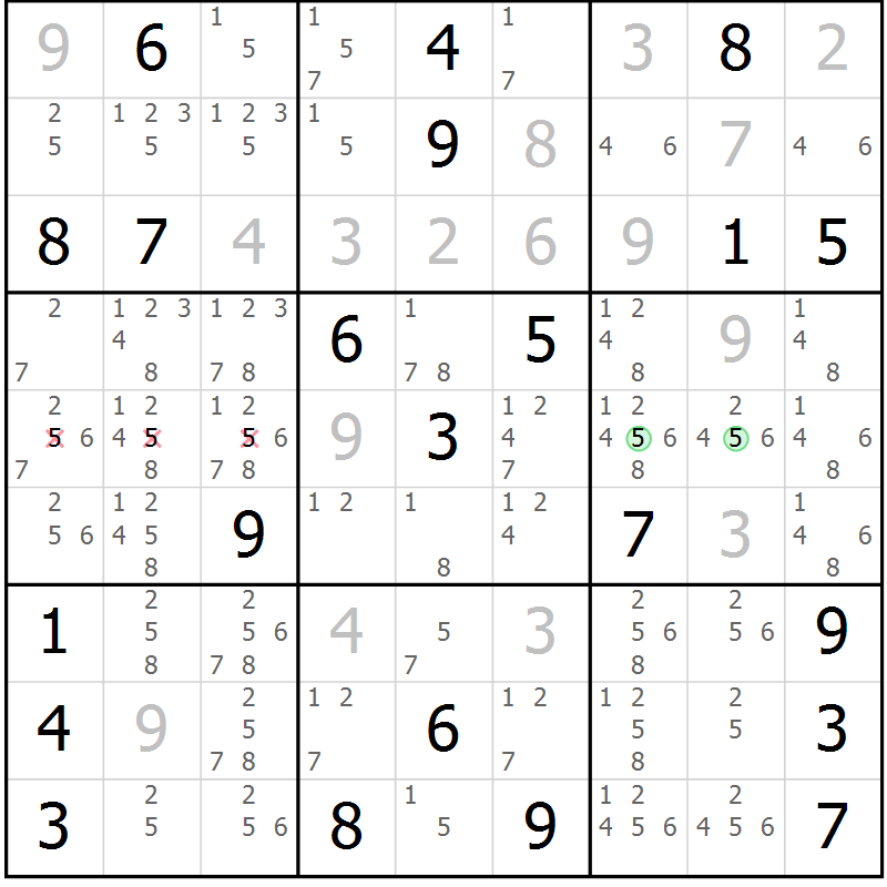 Position des candidats pour la solution de la Gr 22 page 25 du magazine de sudoku Sudoku Suprême n° 039
