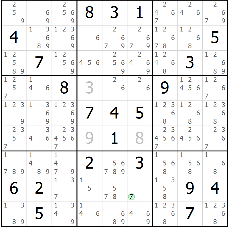 Position des candidats pour la solution de la Gr 23 page 26 du magazine de sudoku Sudoku Suprême n° 039