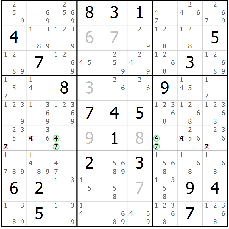 Position des candidats pour la solution de la Gr 23 page 26 du magazine de sudoku Sudoku Suprême n° 039