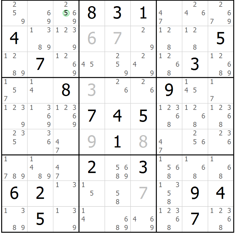 Position des candidats pour la solution de la Gr 23 page 26 du magazine de sudoku Sudoku Suprême n° 039