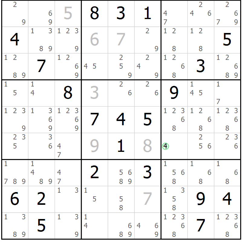 Position des candidats pour la solution de la Gr 23 page 26 du magazine de sudoku Sudoku Suprême n° 039