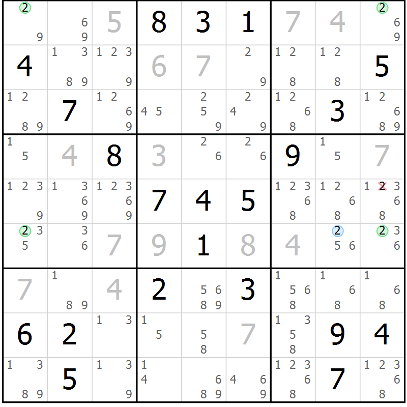Position des candidats pour la solution de la Gr 23 page 26 du magazine de sudoku Sudoku Suprême n° 039