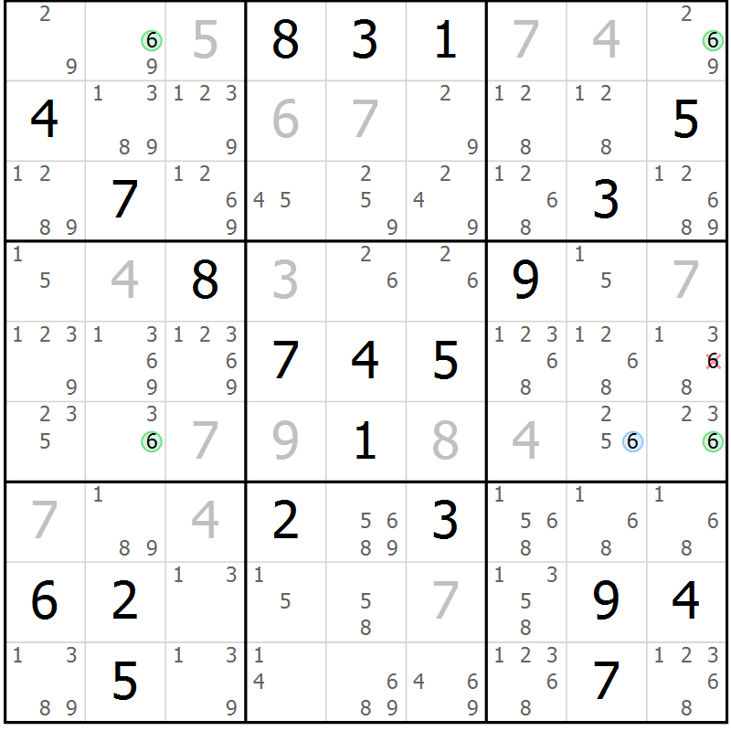 Position des candidats pour la solution de la Gr 23 page 26 du magazine de sudoku Sudoku Suprême n° 039