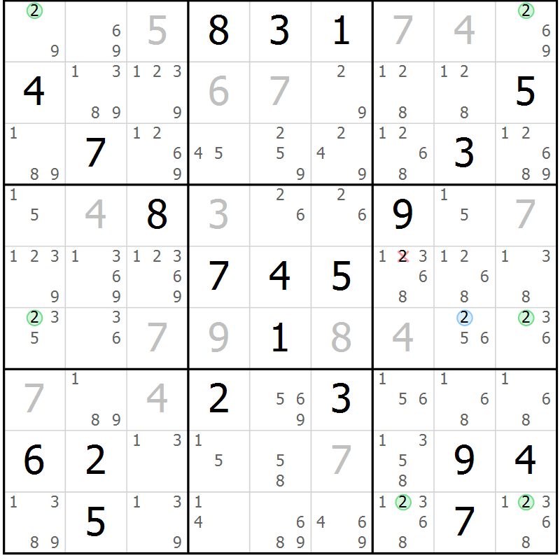 Position des candidats pour la solution de la Gr 23 page 26 du magazine de sudoku Sudoku Suprême n° 039