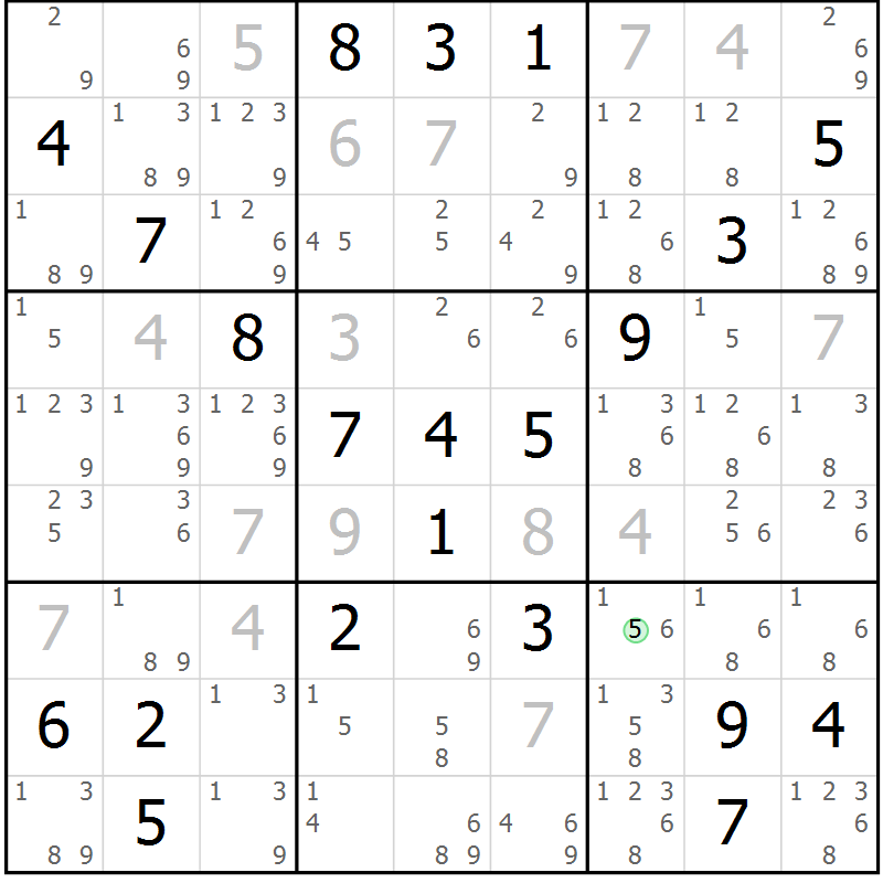 Position des candidats pour la solution de la Gr 23 page 26 du magazine de sudoku Sudoku Suprême n° 039