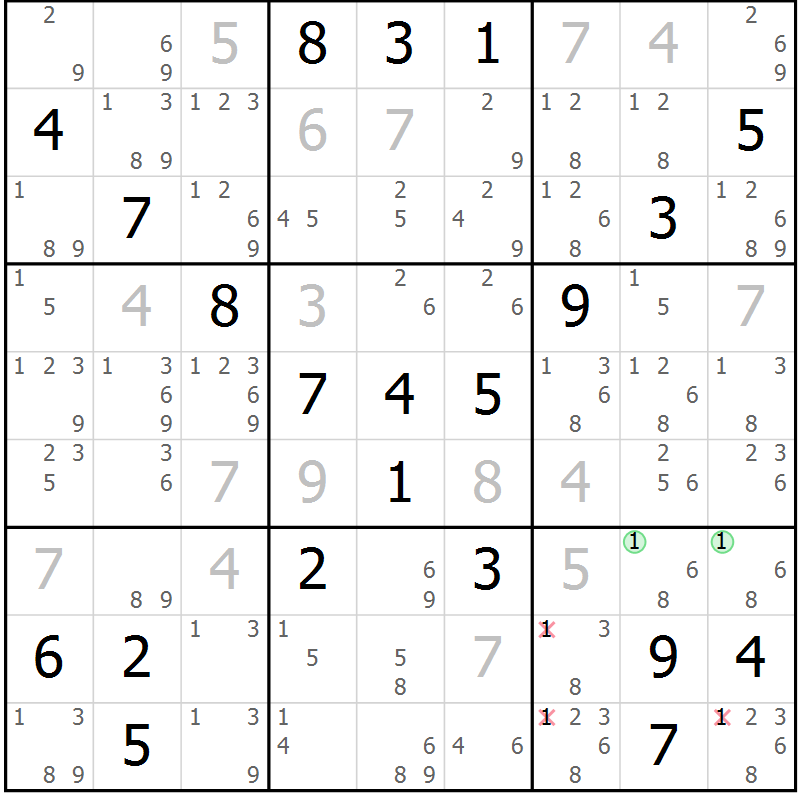 Position des candidats pour la solution de la Gr 23 page 26 du magazine de sudoku Sudoku Suprême n° 039