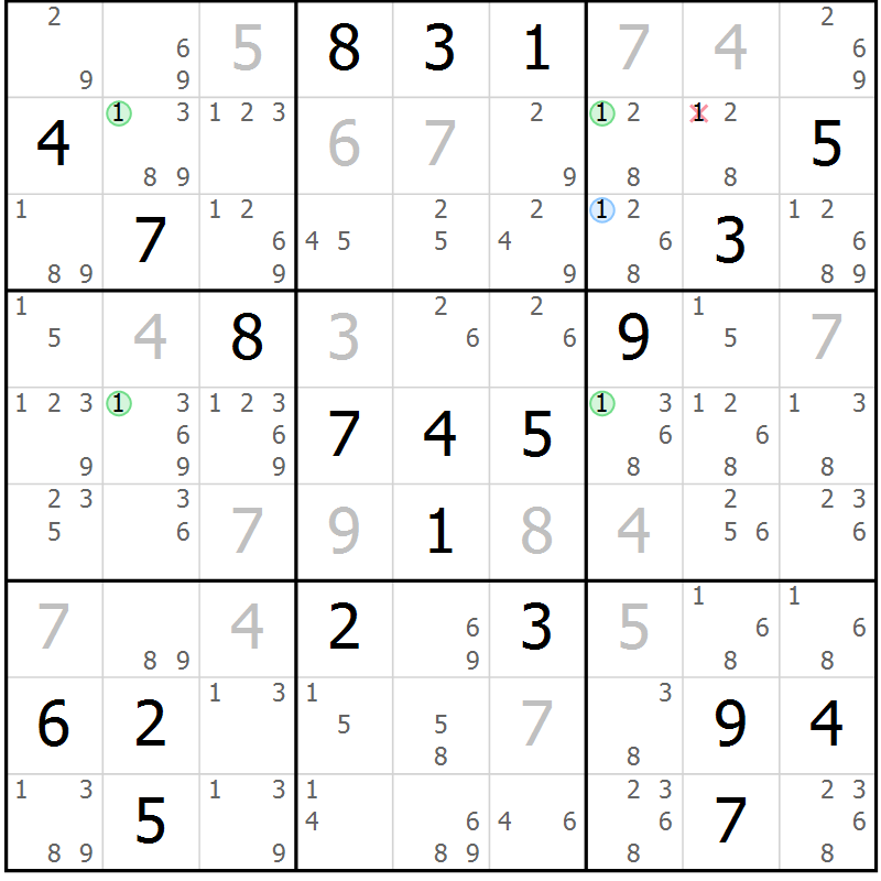 Position des candidats pour la solution de la Gr 23 page 26 du magazine de sudoku Sudoku Suprême n° 039
