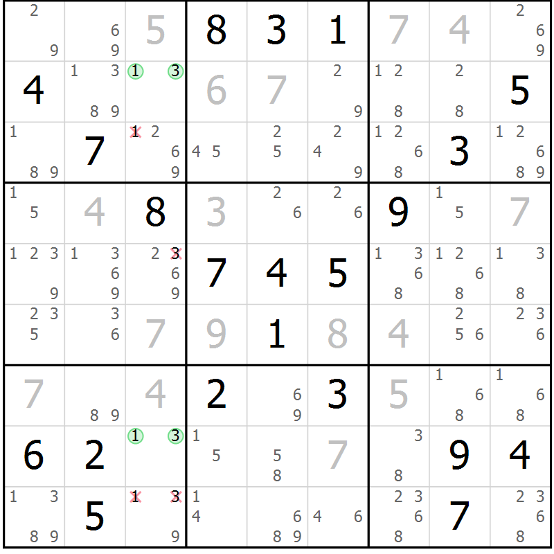 Position des candidats pour la solution de la Gr 23 page 26 du magazine de sudoku Sudoku Suprême n° 039
