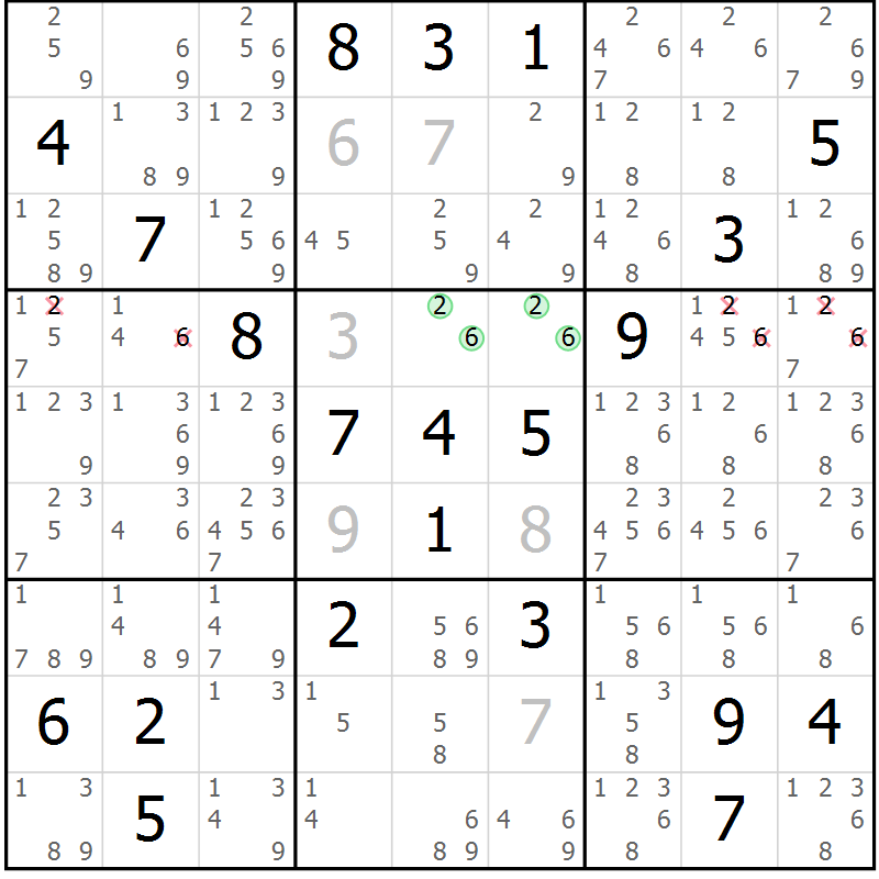 Position des candidats pour la solution de la Gr 23 page 26 du magazine de sudoku Sudoku Suprême n° 039