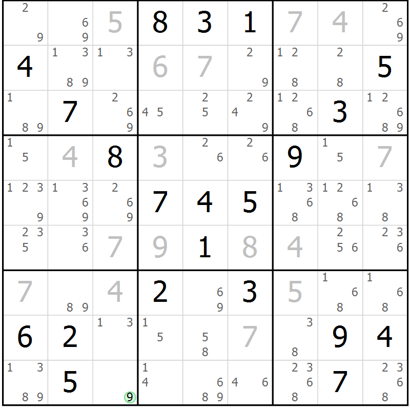 Position des candidats pour la solution de la Gr 23 page 26 du magazine de sudoku Sudoku Suprême n° 039