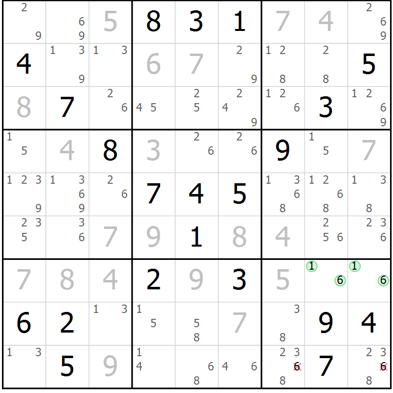 Position des candidats pour la solution de la Gr 23 page 26 du magazine de sudoku Sudoku Suprême n° 039