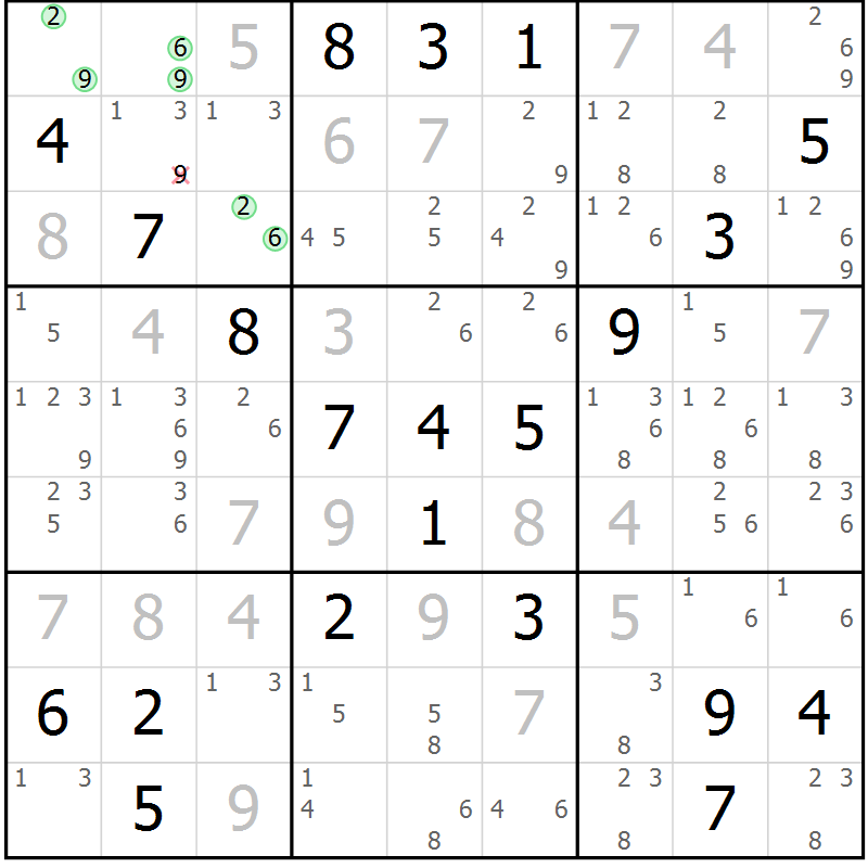 Position des candidats pour la solution de la Gr 23 page 26 du magazine de sudoku Sudoku Suprême n° 039