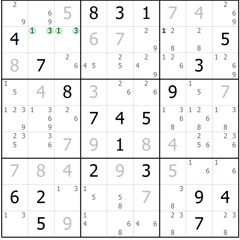 Position des candidats pour la solution de la Gr 23 page 26 du magazine de sudoku Sudoku Suprême n° 039