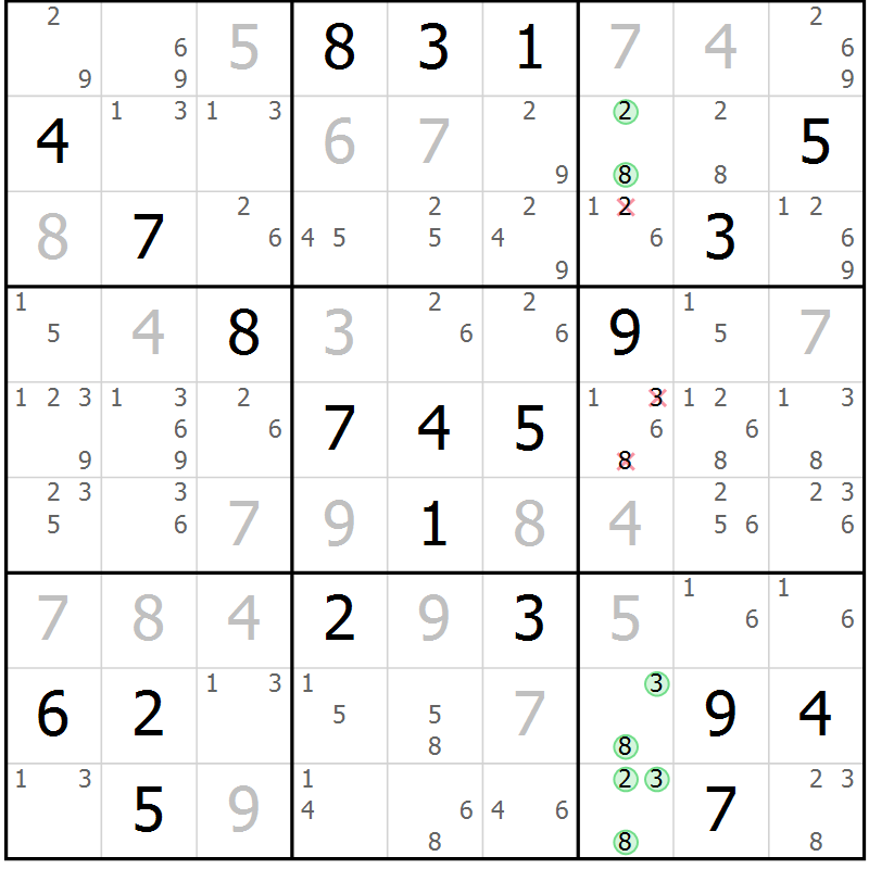 Position des candidats pour la solution de la Gr 23 page 26 du magazine de sudoku Sudoku Suprême n° 039