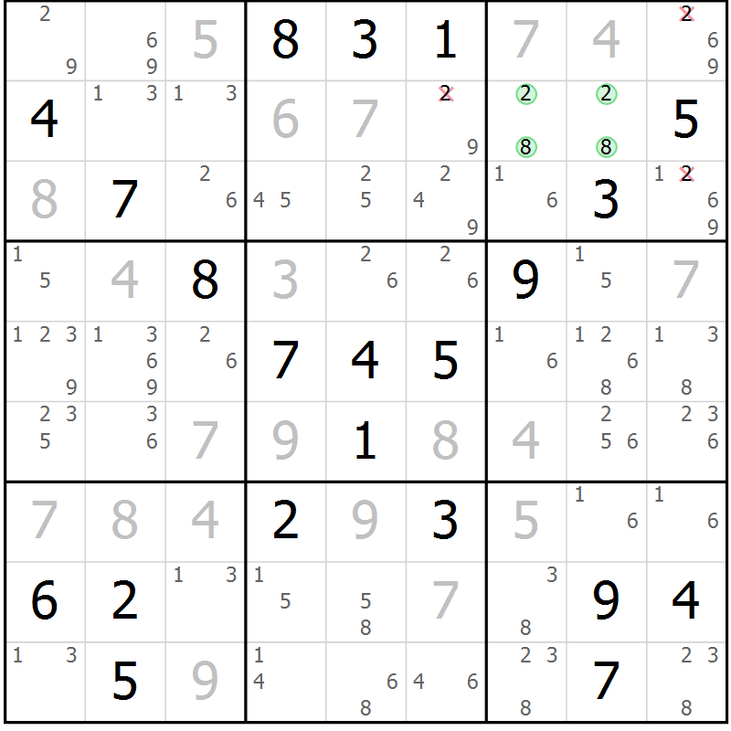 Position des candidats pour la solution de la Gr 23 page 26 du magazine de sudoku Sudoku Suprême n° 039