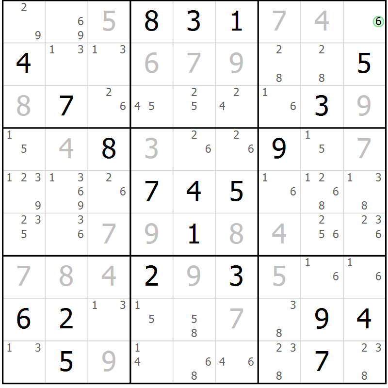 Position des candidats pour la solution de la Gr 23 page 26 du magazine de sudoku Sudoku Suprême n° 039