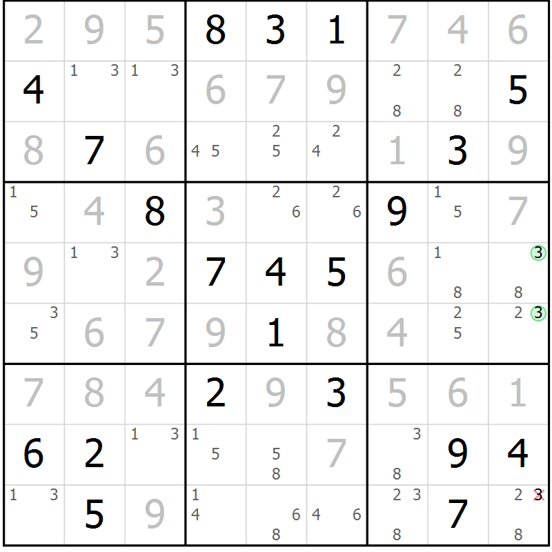 Position des candidats pour la solution de la Gr 23 page 26 du magazine de sudoku Sudoku Suprême n° 039
