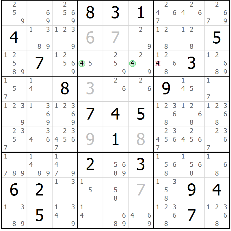 Position des candidats pour la solution de la Gr 23 page 26 du magazine de sudoku Sudoku Suprême n° 039