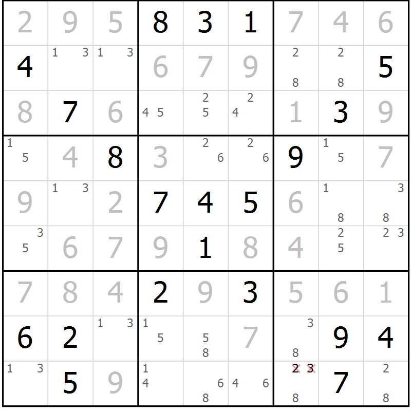 Position des candidats pour la solution de la Gr 23 page 26 du magazine de sudoku Sudoku Suprême n° 039