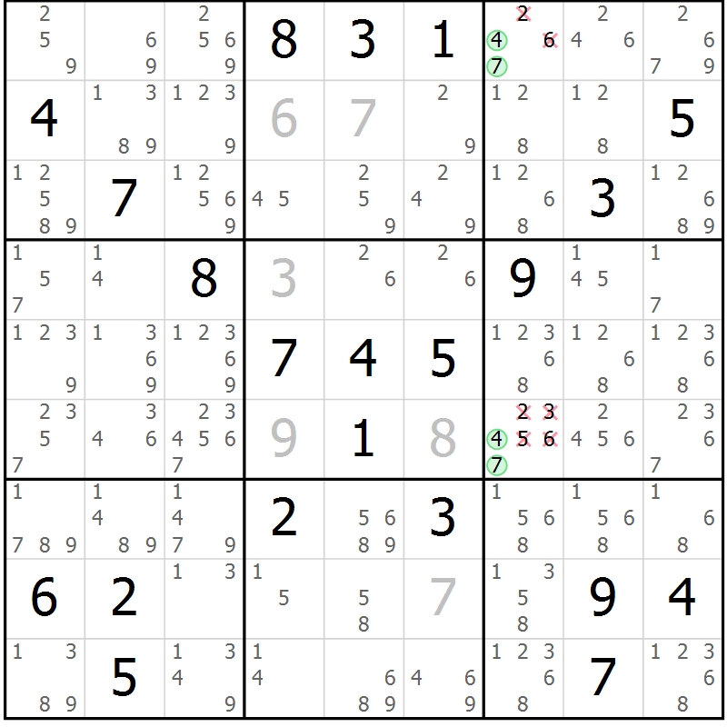 Position des candidats pour la solution de la Gr 23 page 26 du magazine de sudoku Sudoku Suprême n° 039