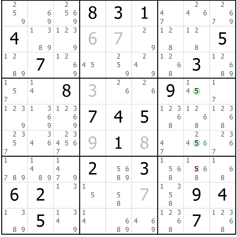 Position des candidats pour la solution de la Gr 23 page 26 du magazine de sudoku Sudoku Suprême n° 039