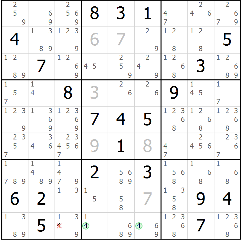 Position des candidats pour la solution de la Gr 23 page 26 du magazine de sudoku Sudoku Suprême n° 039