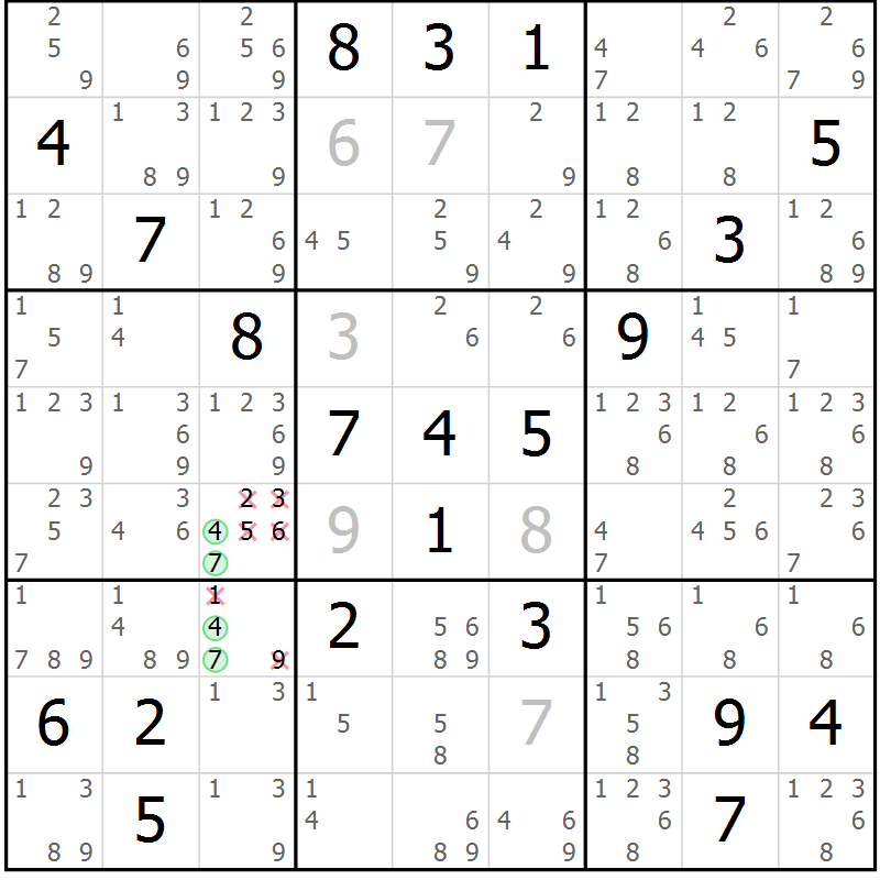Position des candidats pour la solution de la Gr 23 page 26 du magazine de sudoku Sudoku Suprême n° 039