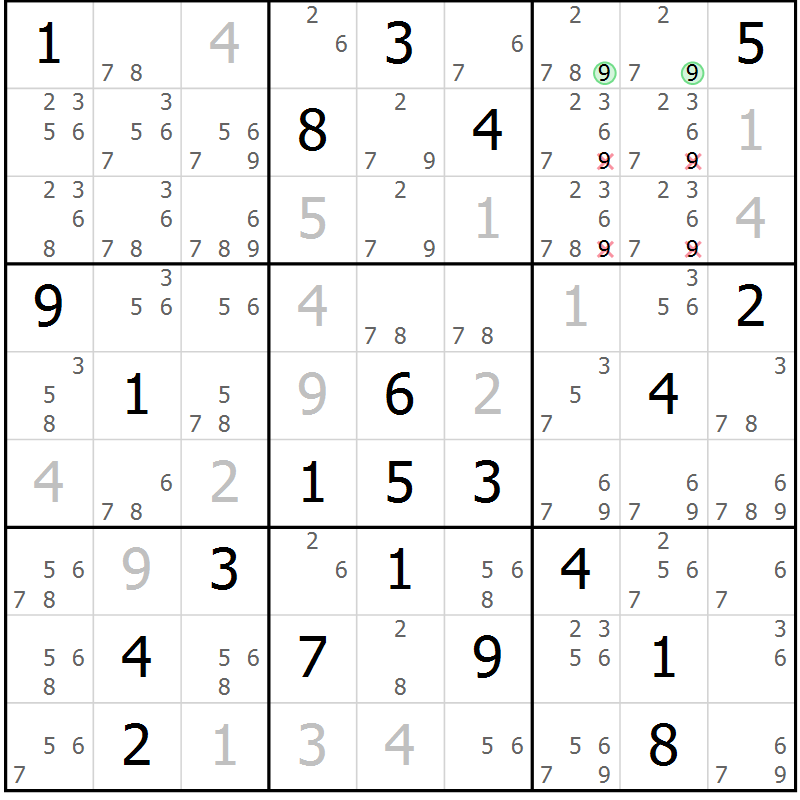 Position des candidats pour la solution de la Gr 24 page 27 du magazine de sudoku Sudoku Suprême n° 039