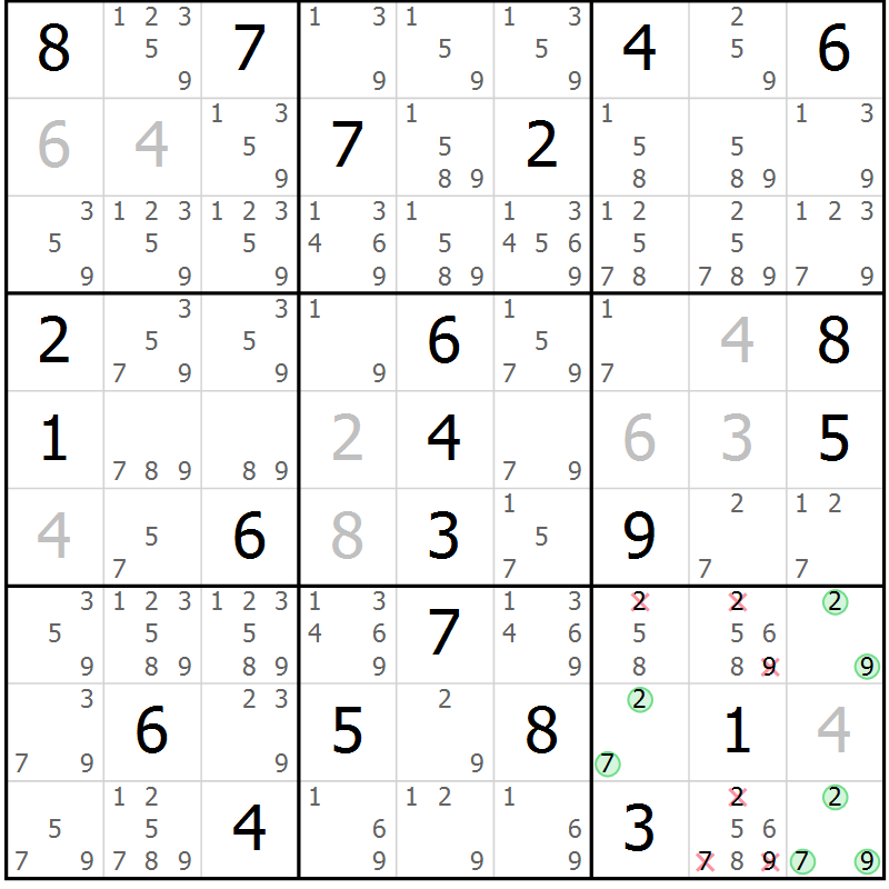 Position des candidats pour la solution de la Gr 25 page 28 du magazine de sudoku Sudoku Suprême n° 039