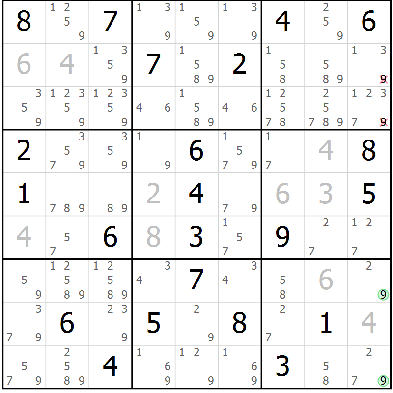 Position des candidats pour la solution de la Gr 25 page 28 du magazine de sudoku Sudoku Suprême n° 039