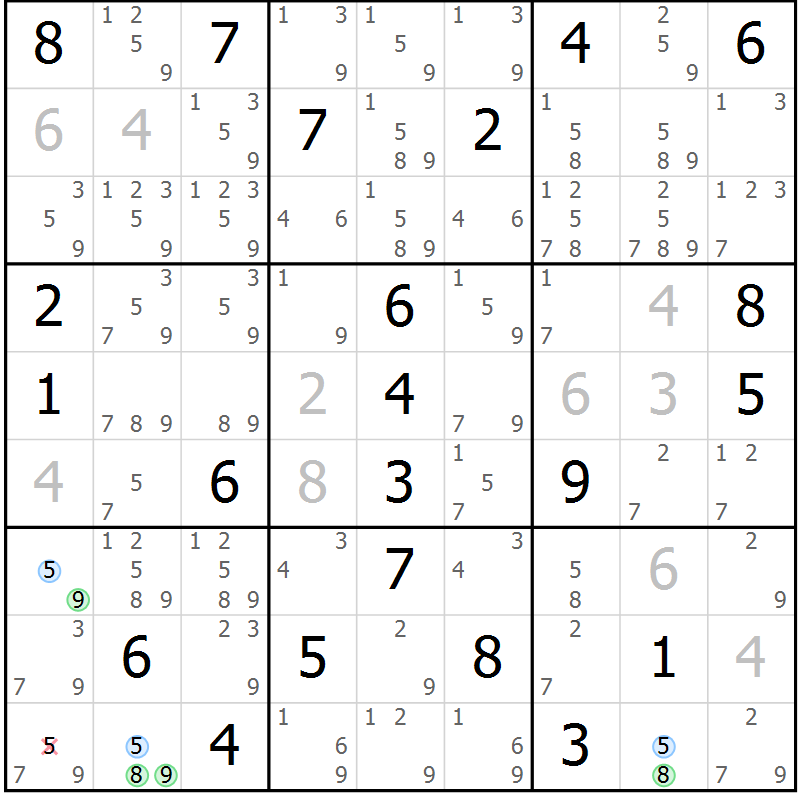 Position des candidats pour la solution de la Gr 25 page 28 du magazine de sudoku Sudoku Suprême n° 039