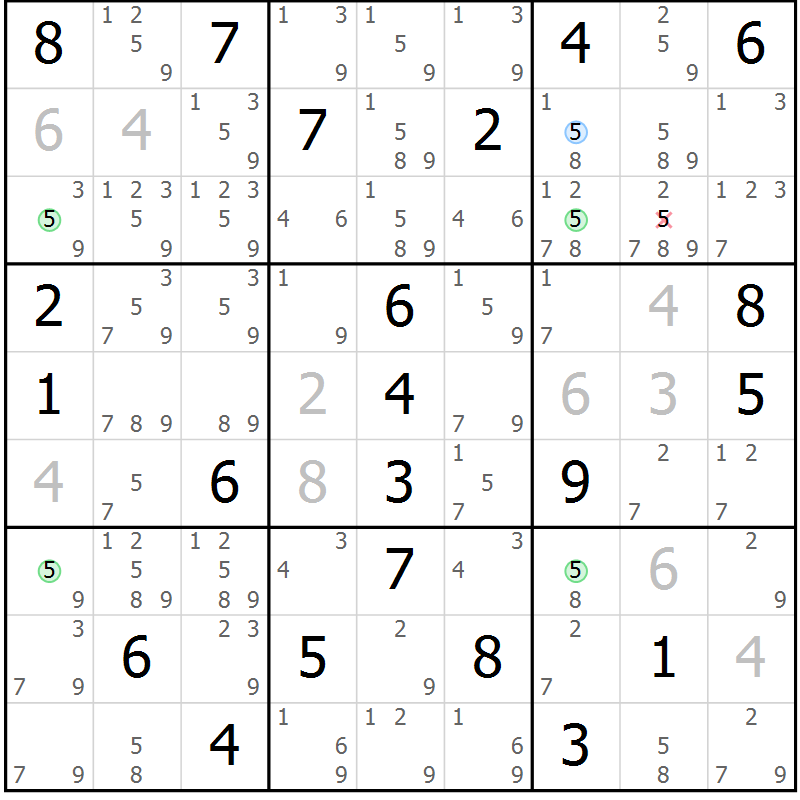 Position des candidats pour la solution de la Gr 25 page 28 du magazine de sudoku Sudoku Suprême n° 039