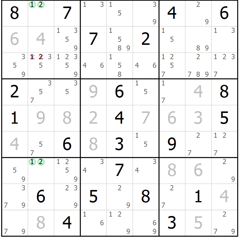 Position des candidats pour la solution de la Gr 25 page 28 du magazine de sudoku Sudoku Suprême n° 039