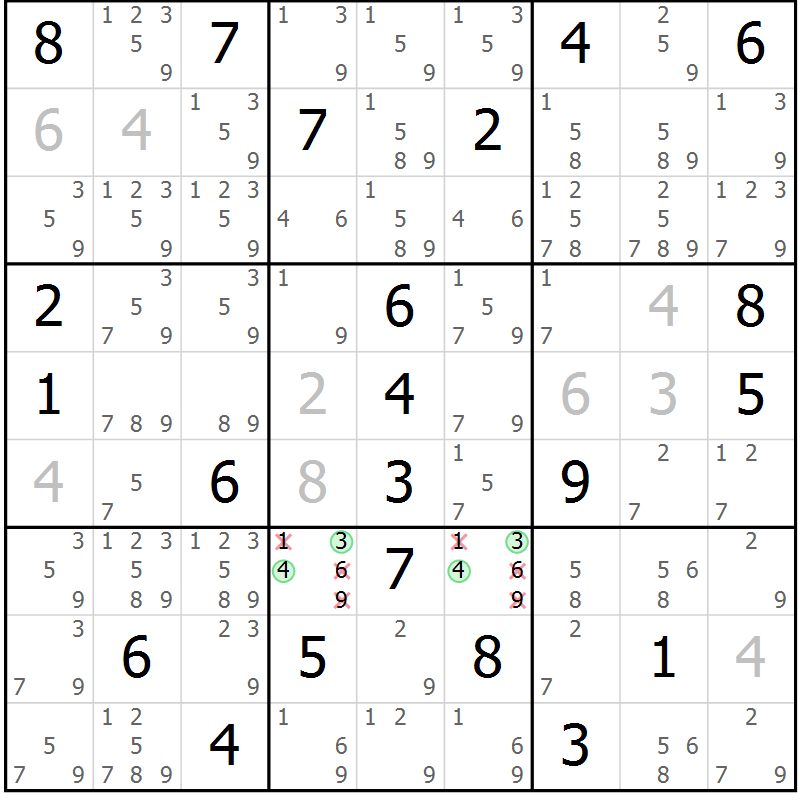 Position des candidats pour la solution de la Gr 25 page 28 du magazine de sudoku Sudoku Suprême n° 039
