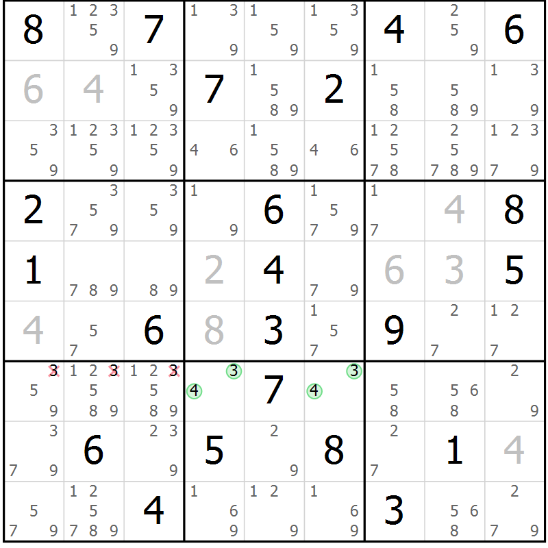 Position des candidats pour la solution de la Gr 25 page 28 du magazine de sudoku Sudoku Suprême n° 039