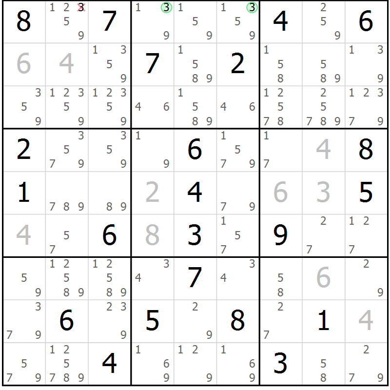 Position des candidats pour la solution de la Gr 25 page 28 du magazine de sudoku Sudoku Suprême n° 039