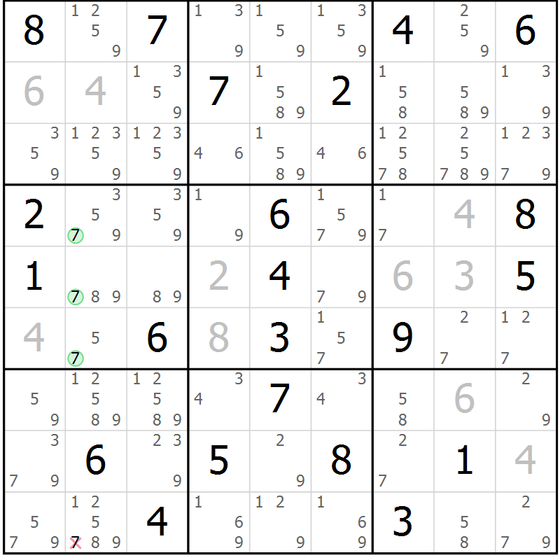 Position des candidats pour la solution de la Gr 25 page 28 du magazine de sudoku Sudoku Suprême n° 039