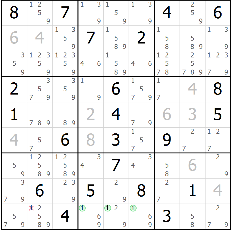 Position des candidats pour la solution de la Gr 25 page 28 du magazine de sudoku Sudoku Suprême n° 039