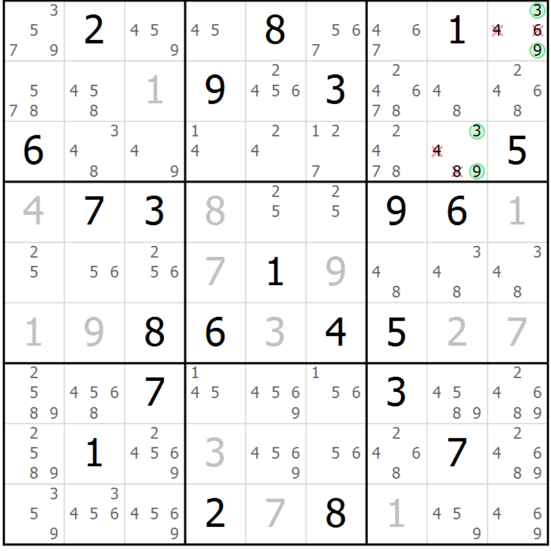 Position des candidats pour la solution de la Gr 26 page 29 du magazine de sudoku Sudoku Suprême n° 039