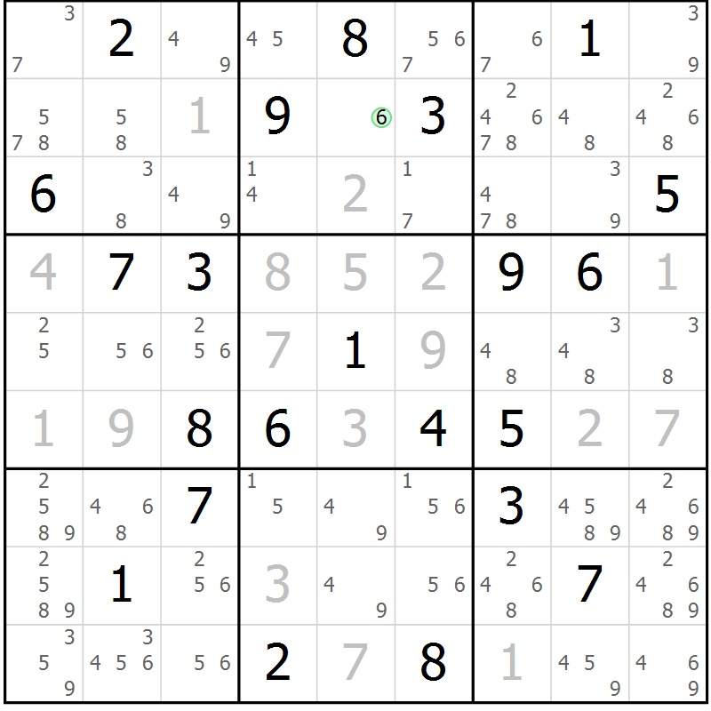 Position des candidats pour la solution de la Gr 26 page 29 du magazine de sudoku Sudoku Suprême n° 039