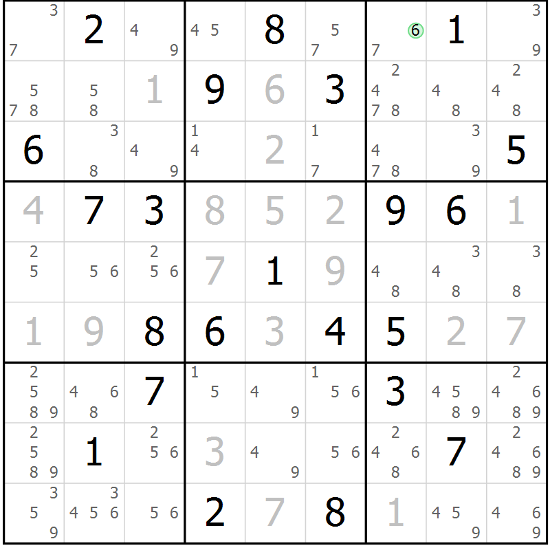 Position des candidats pour la solution de la Gr 26 page 29 du magazine de sudoku Sudoku Suprême n° 039