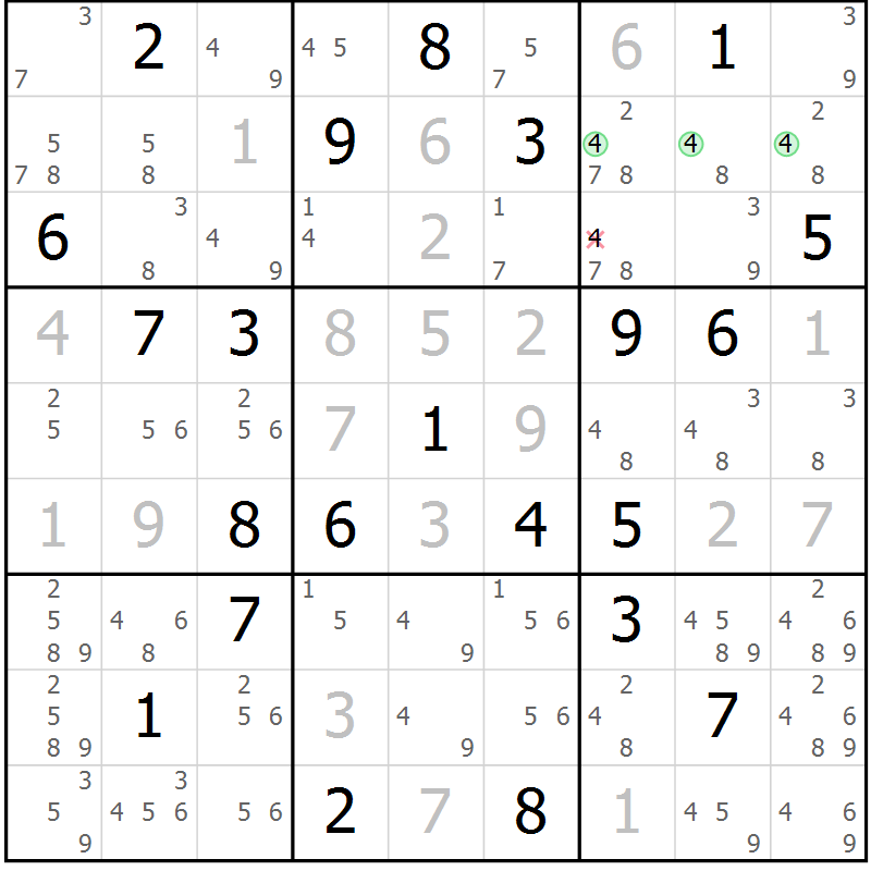 Position des candidats pour la solution de la Gr 26 page 29 du magazine de sudoku Sudoku Suprême n° 039