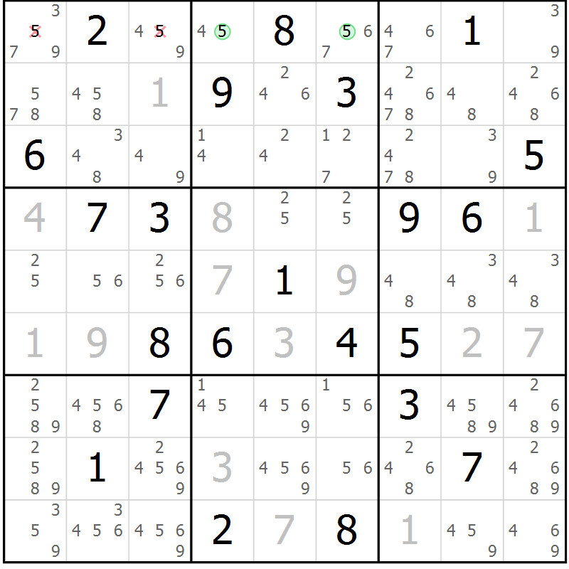 Position des candidats pour la solution de la Gr 26 page 29 du magazine de sudoku Sudoku Suprême n° 039