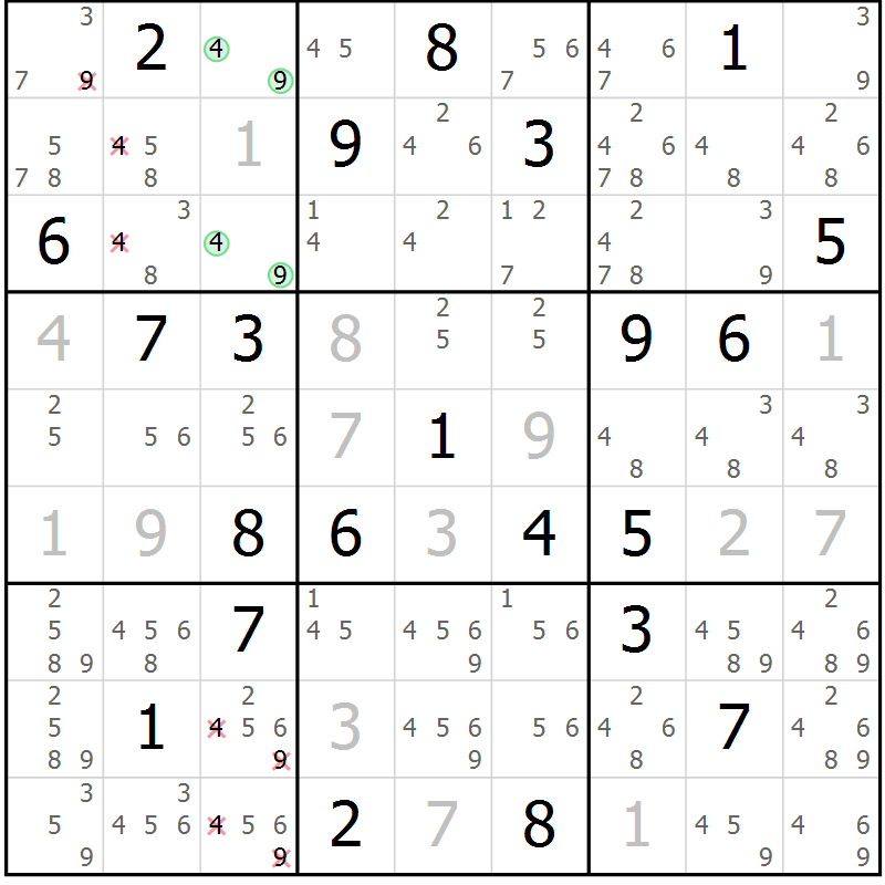 Position des candidats pour la solution de la Gr 26 page 29 du magazine de sudoku Sudoku Suprême n° 039