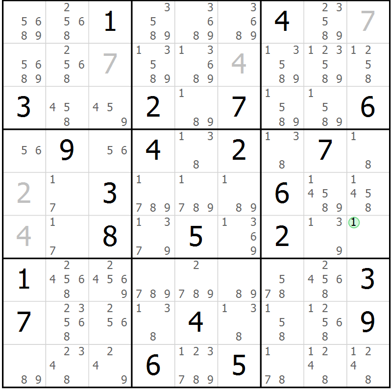 Position des candidats pour la solution de la Gr 28 page 31 du magazine de sudoku Sudoku Suprême n° 039