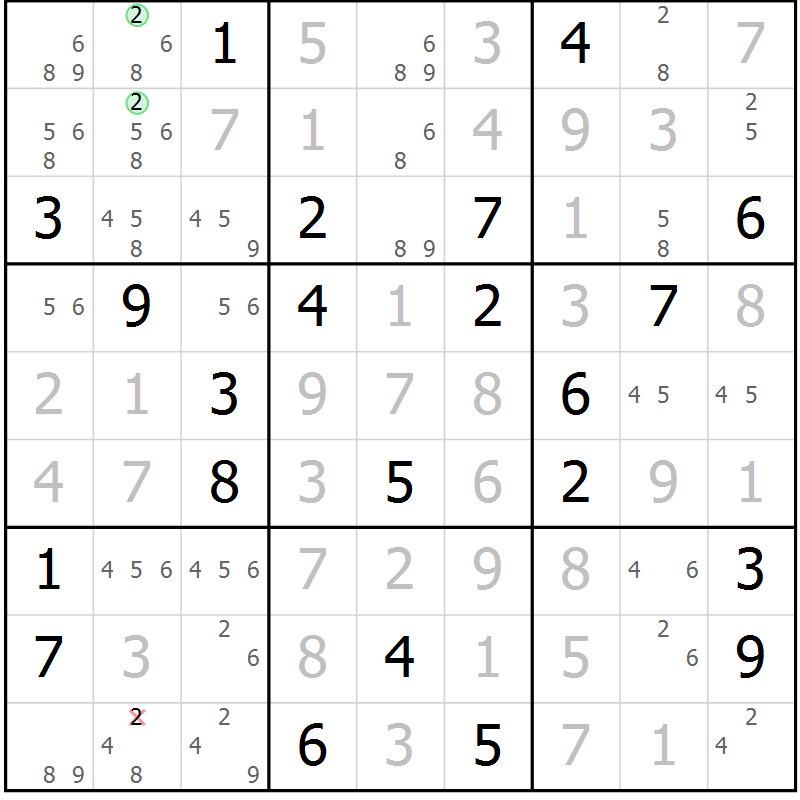 Position des candidats pour la solution de la Gr 28 page 31 du magazine de sudoku Sudoku Suprême n° 039
