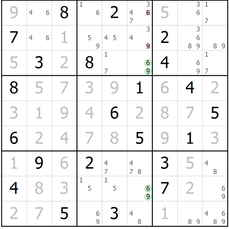 Position des candidats pour la solution de la Gr 29 page 32 du magazine de sudoku Sudoku Suprême n° 039