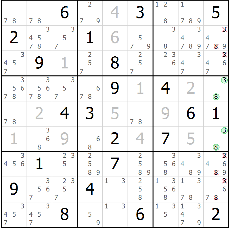 Position des candidats pour la solution de la Gr 3 page 6 du magazine de sudoku Sudoku Suprême n° 039
