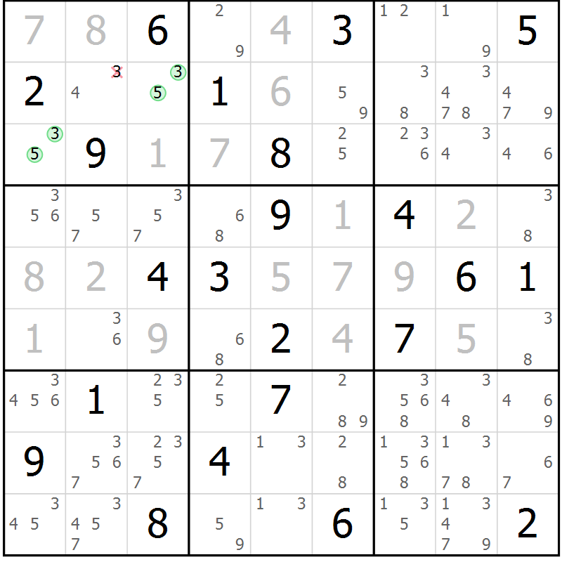 Position des candidats pour la solution de la Gr 3 page 6 du magazine de sudoku Sudoku Suprême n° 039
